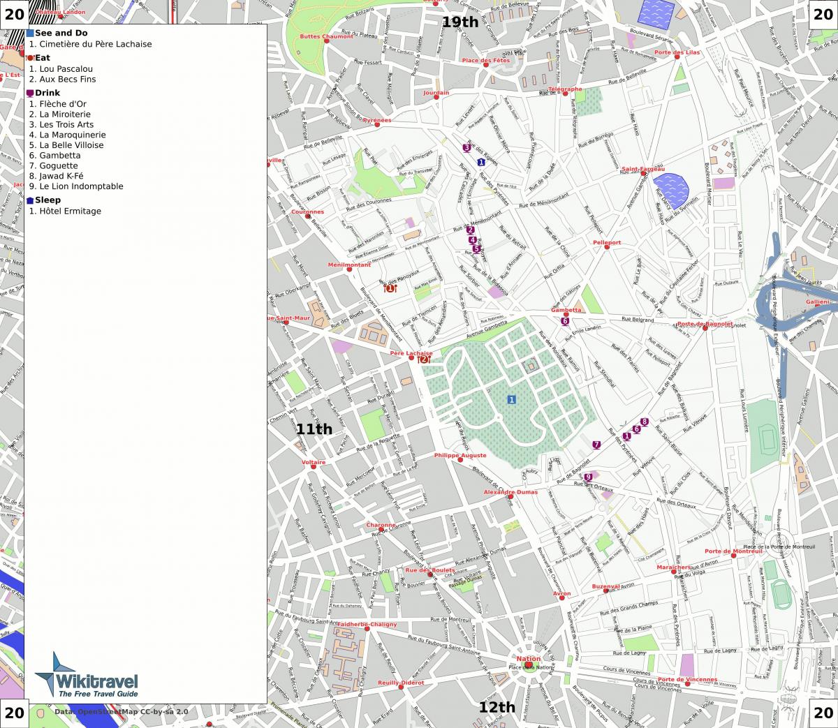 Kaart 20th arrondissement Pariisi